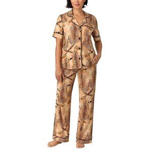 NEW Room Service Notch Collar Pajamas NWT XL Short Sleeve Top Pants Tan Leopard